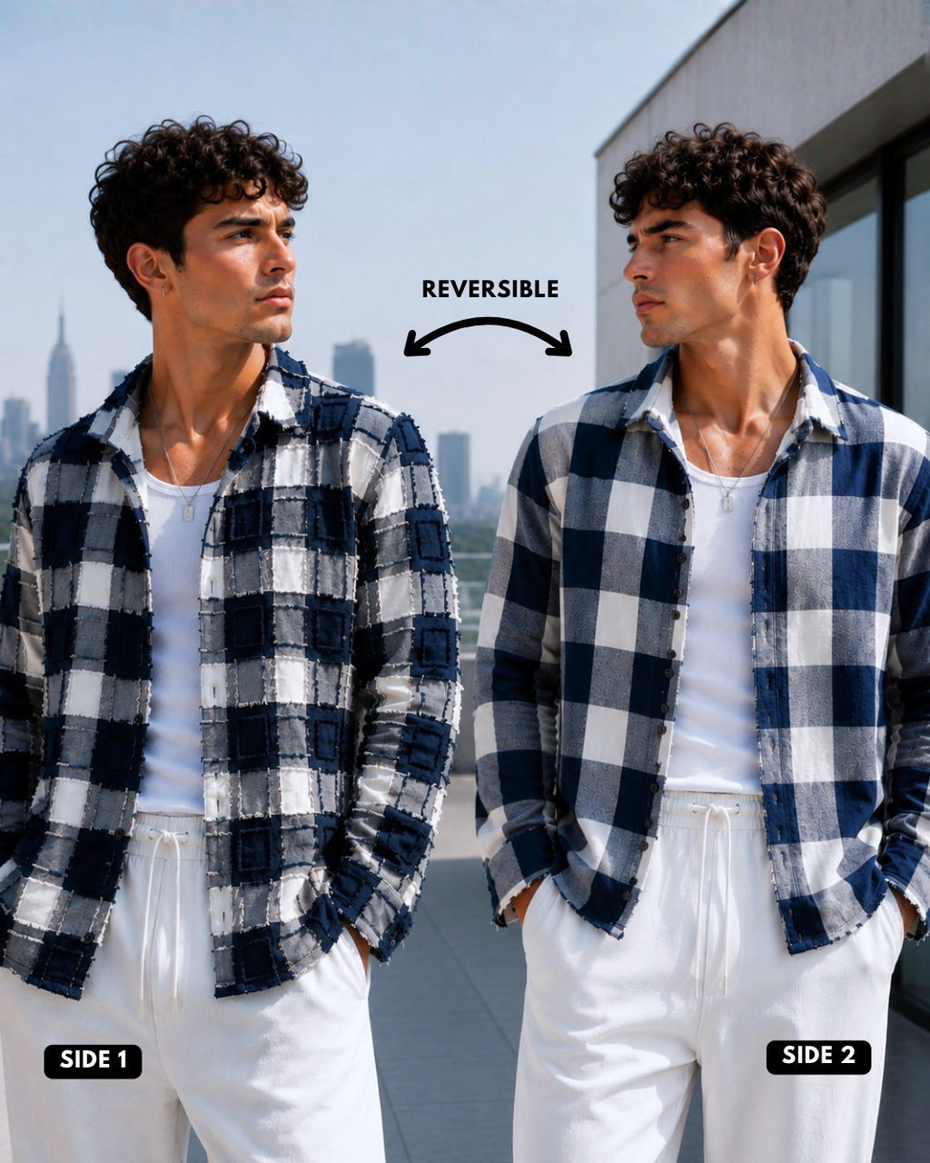 (Dark Blue) Reversible 3D Textured Check Shirt