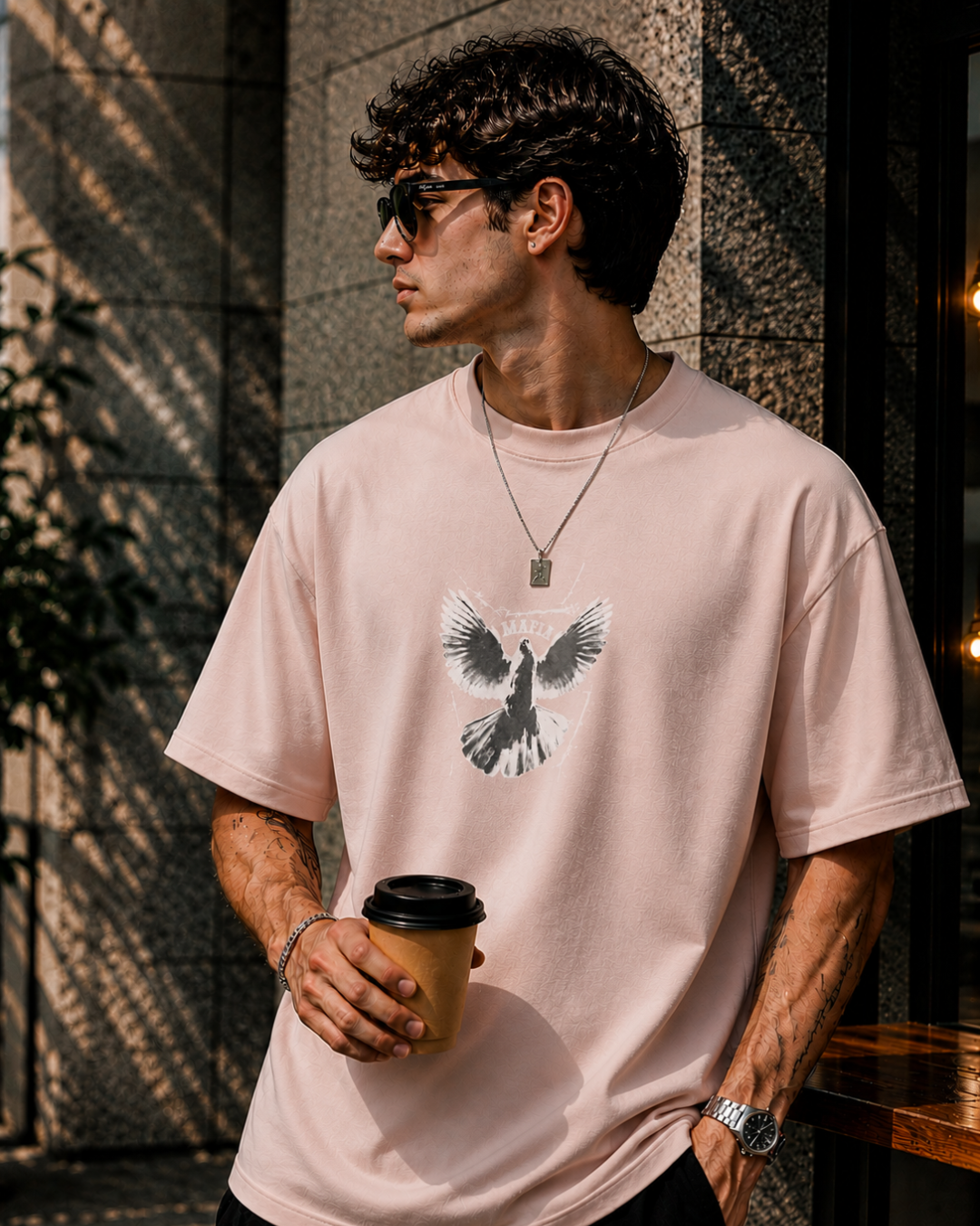 (Baby Pink) Freedom Bird Front-Back Graphic Oversized Tee