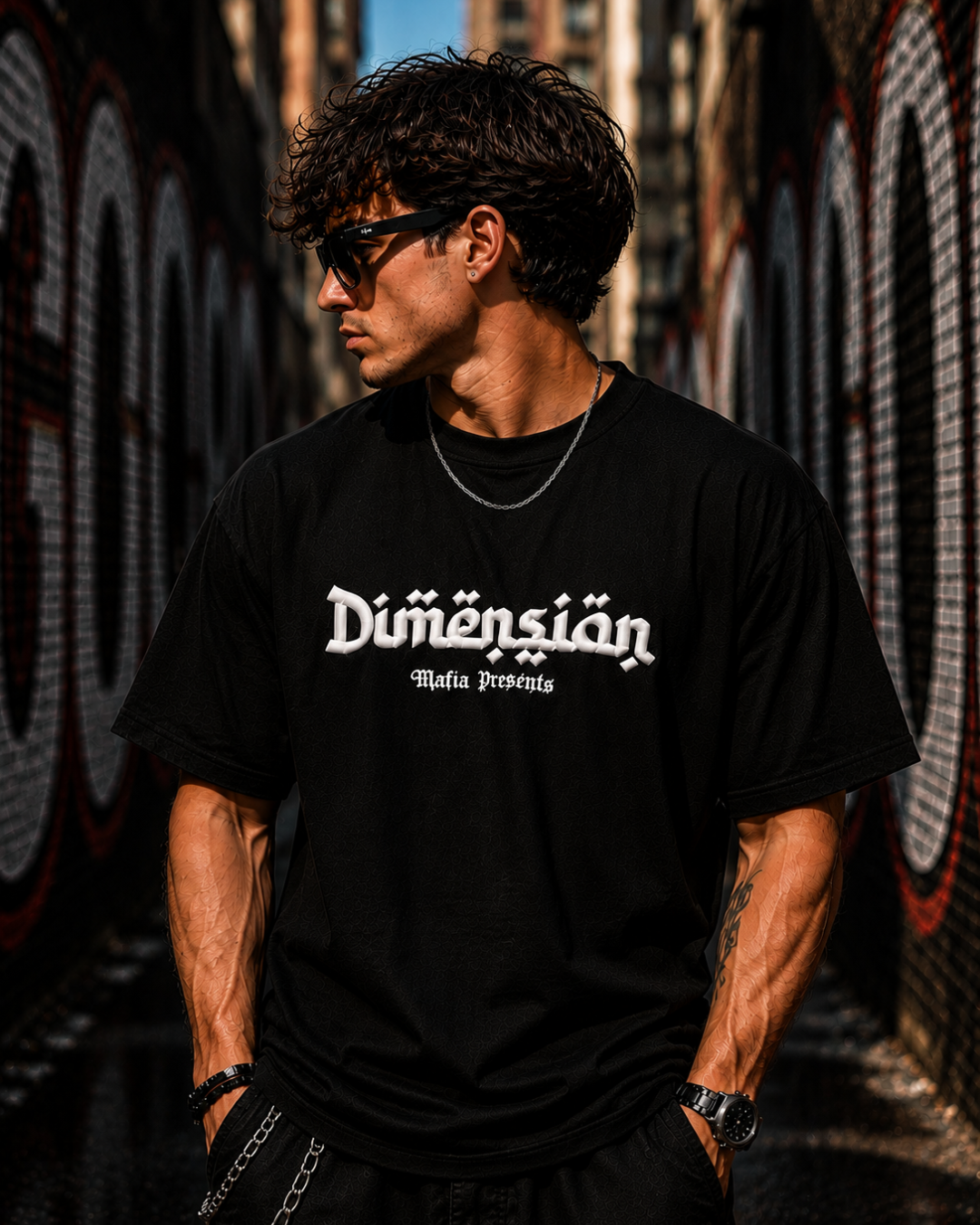 (Black) Dimension Graphic 3D Print Oversized Tee