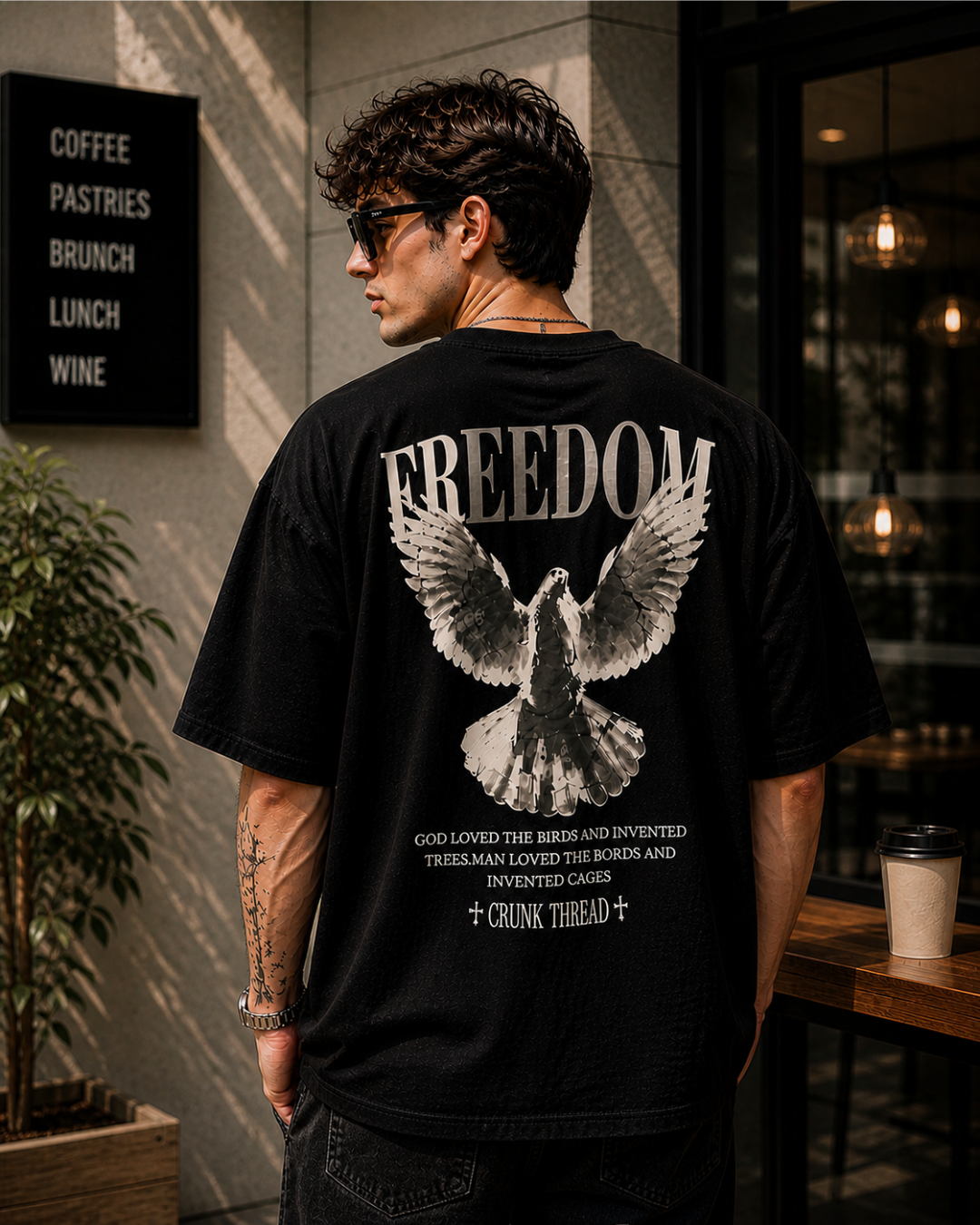 (Black) Freedom Bird Front-Back Graphic Oversized Tee