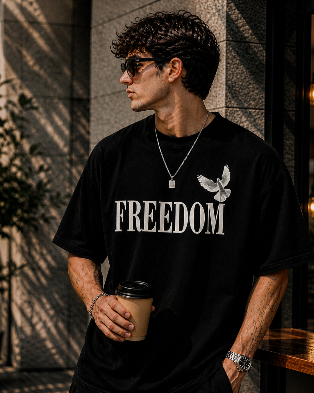 (Black) Freedom Bird Front-Back Graphic Oversized Tee