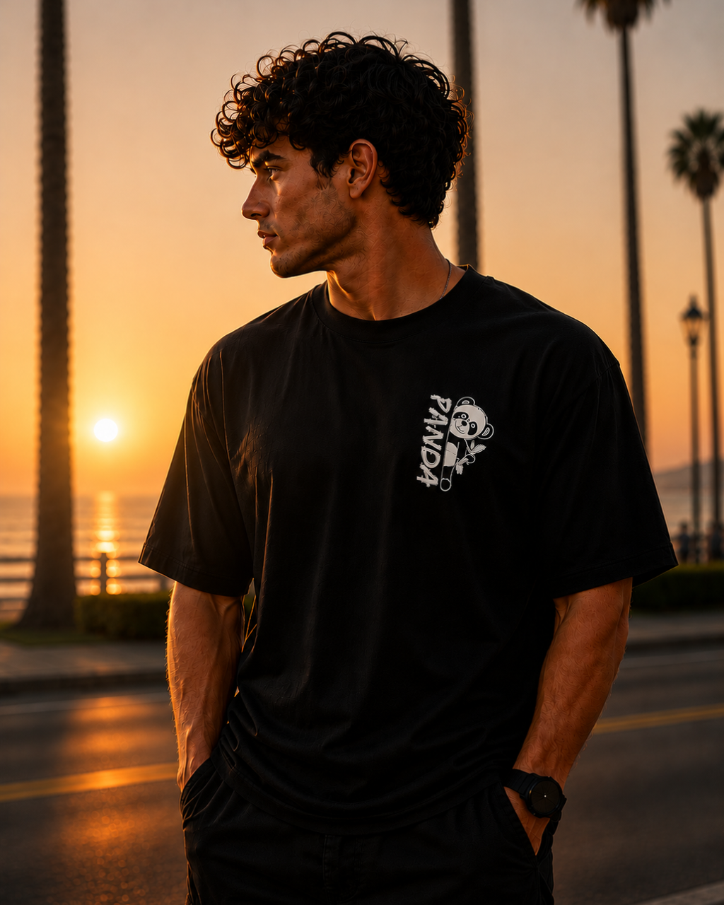 (Black) Waiting Panda Avtar Front-Back Graphic Oversized Tee