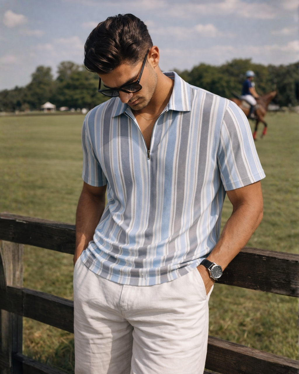 (Blue-White) Zipper Tee