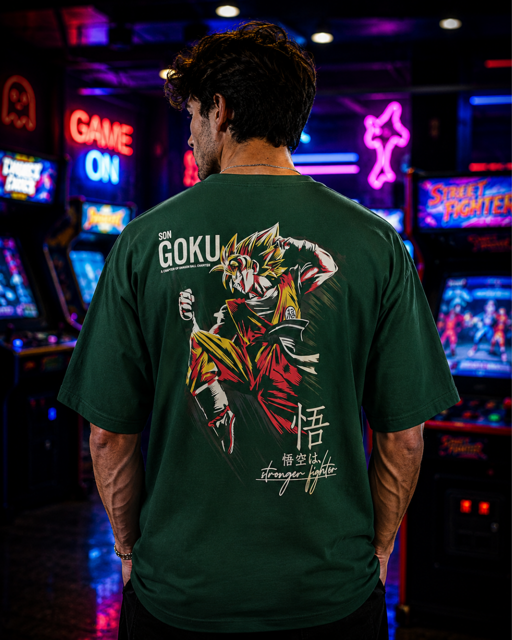 (Bottle Green) Anime Front-Back Graphic Oversized Tee