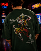 (Bottle Green) Anime Front-Back Graphic Oversized Tee