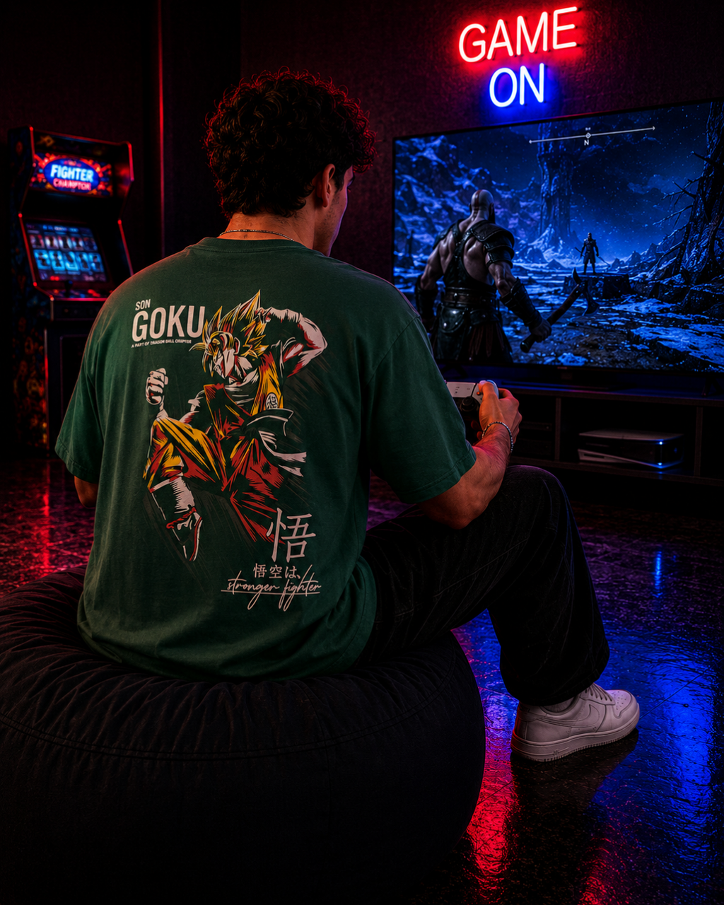 (Bottle Green) Anime Front-Back Graphic Oversized Tee