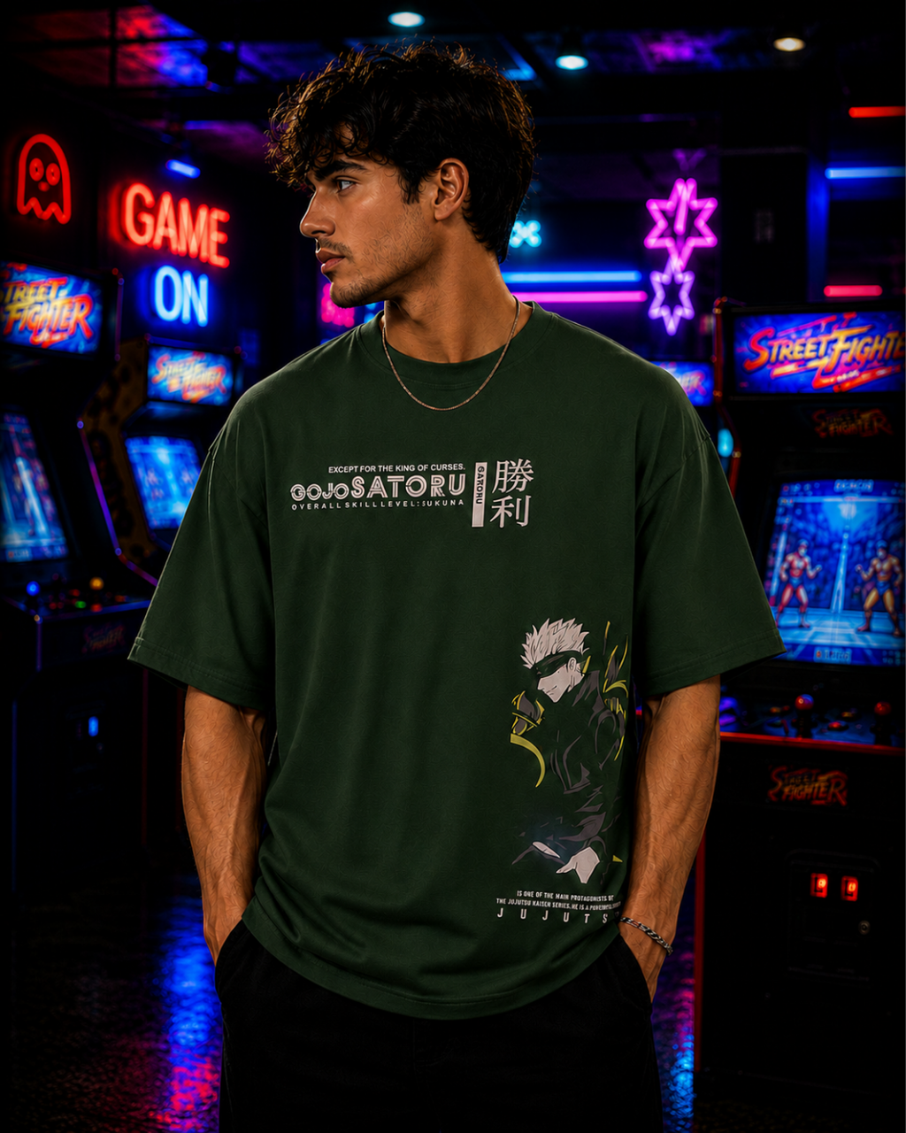 (Bottle Green) Anime Front-Back Graphic Oversized Tee