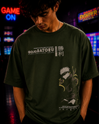 (Bottle Green) Anime Front-Back Graphic Oversized Tee