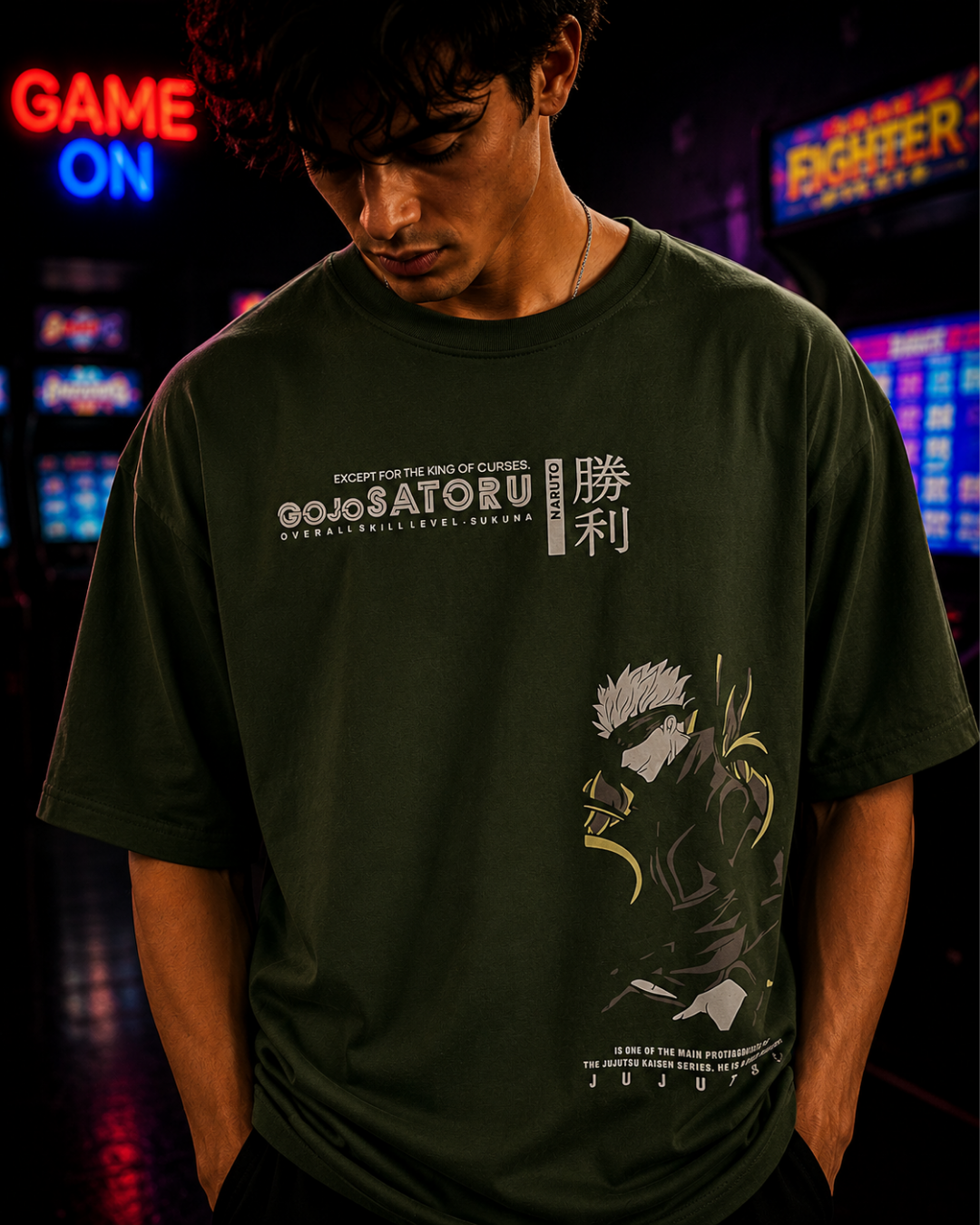 (Bottle Green) Anime Front-Back Graphic Oversized Tee