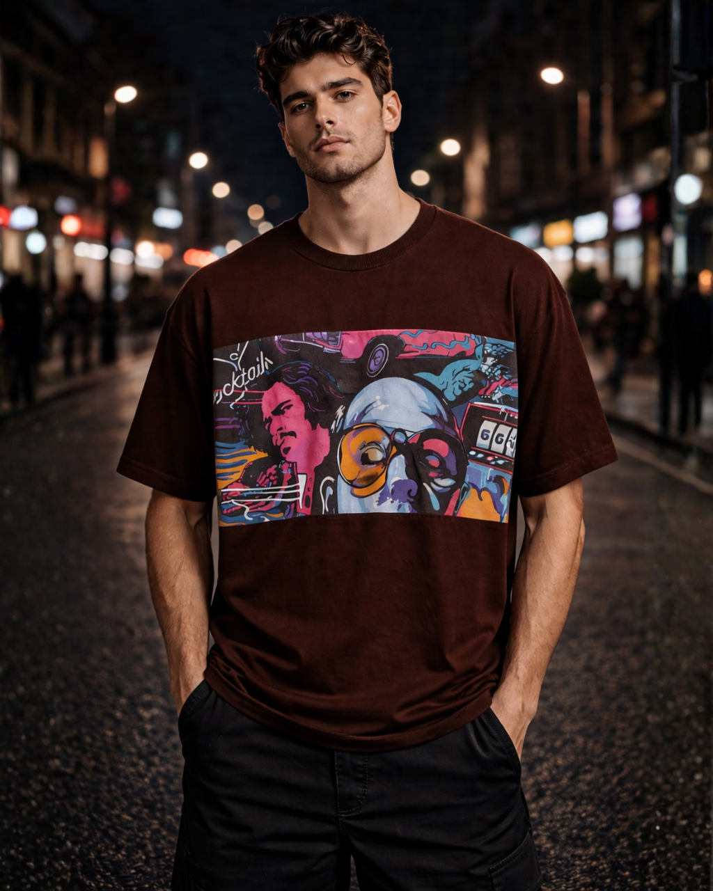 (Brown) Cocktails & Dreams Front Graphic Oversized Tee