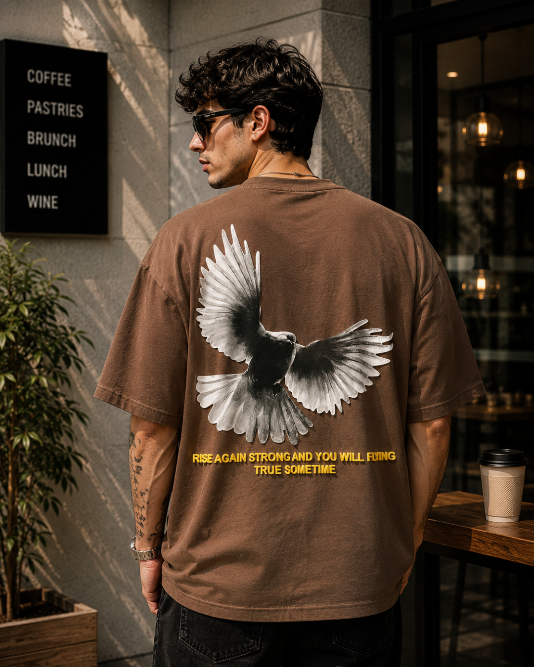 (Brown) Freedom Bird Front-Back Graphic Oversized Tee
