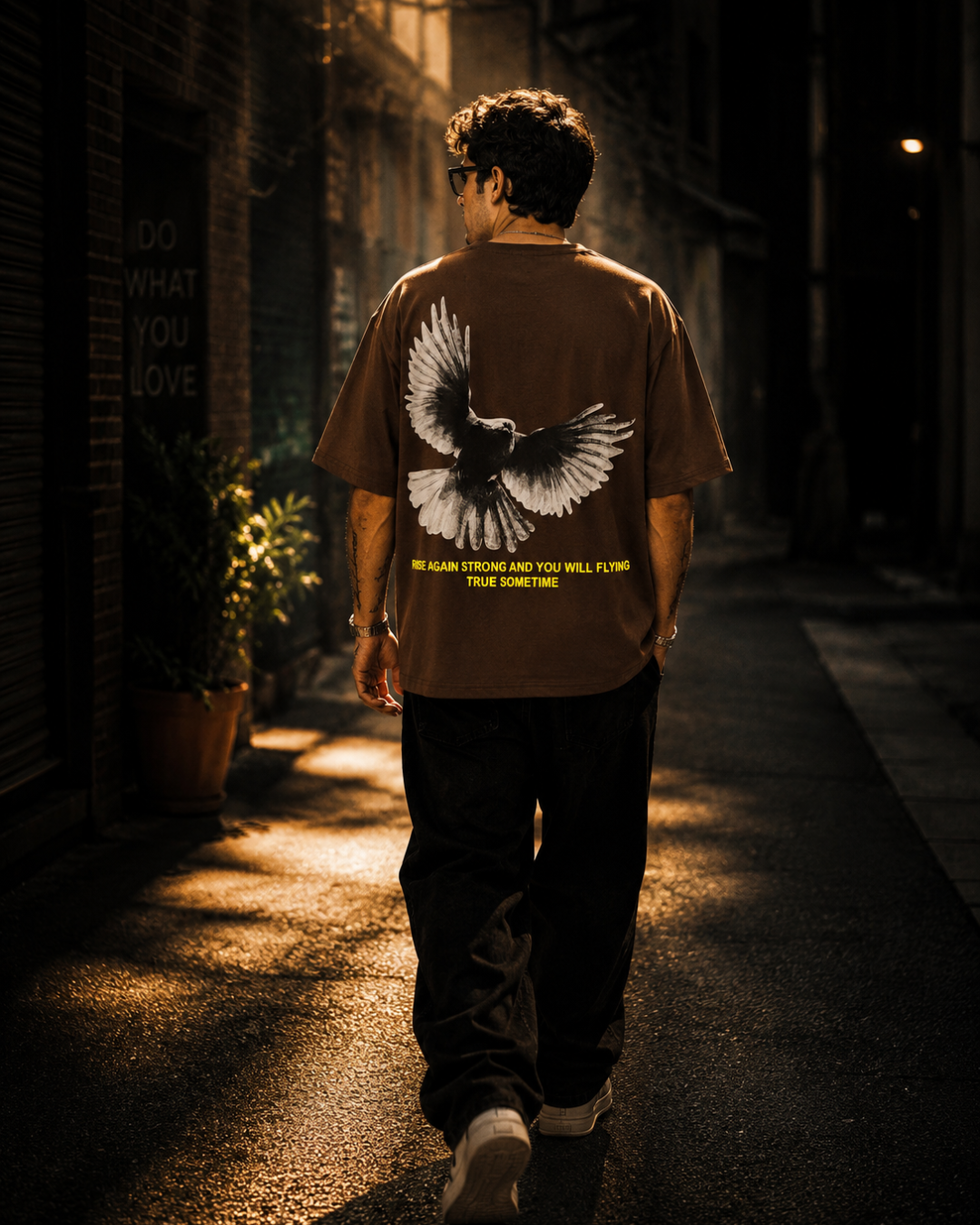 (Brown) Freedom Bird Front-Back Graphic Oversized Tee