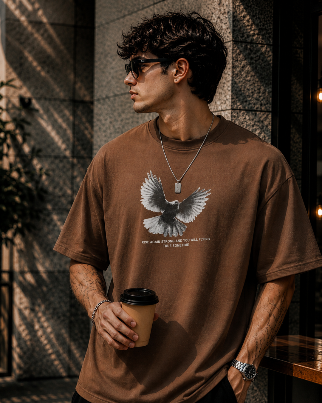 (Brown) Freedom Bird Front-Back Graphic Oversized Tee