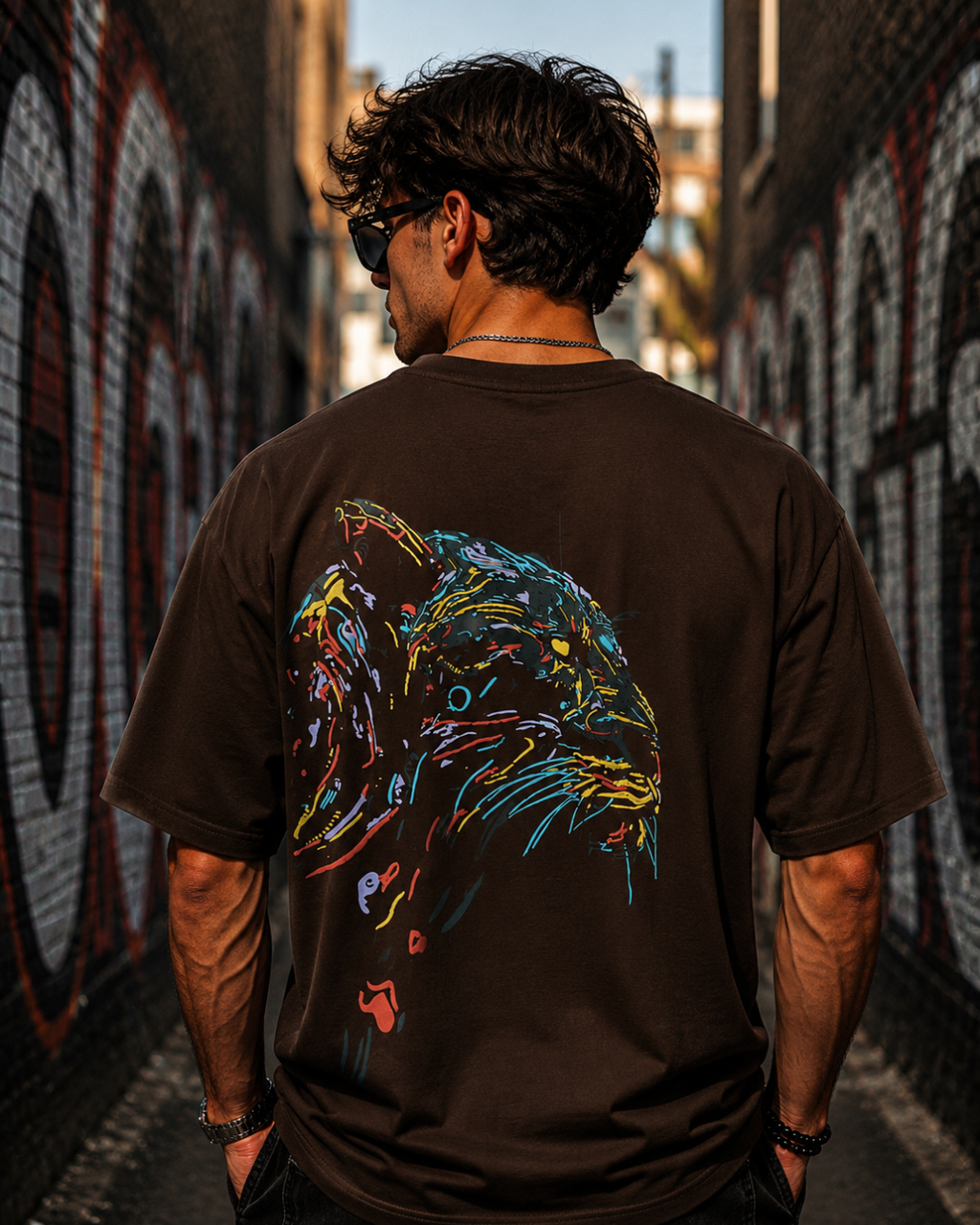 (Brown) King Lion Graphic 3D Print Oversized Tee