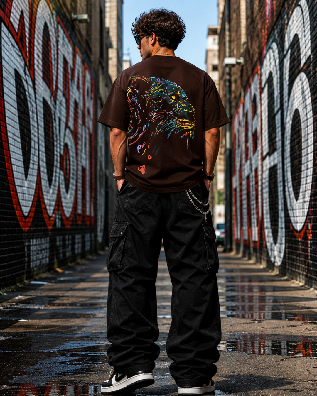 (Brown) King Lion Graphic 3D Print Oversized Tee