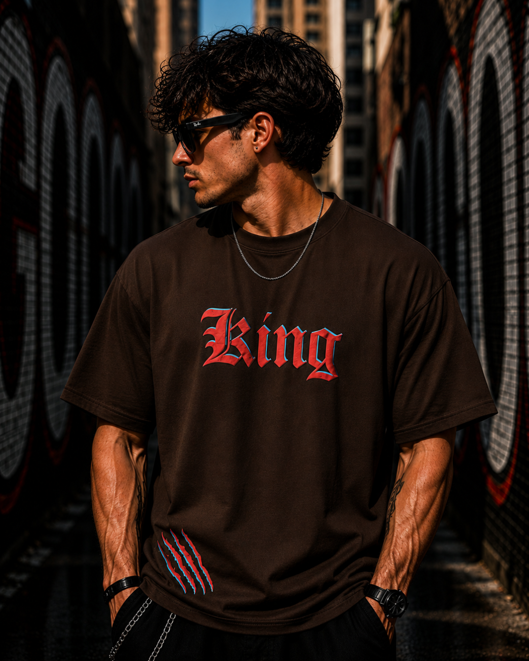 (Brown) King Lion Graphic 3D Print Oversized Tee