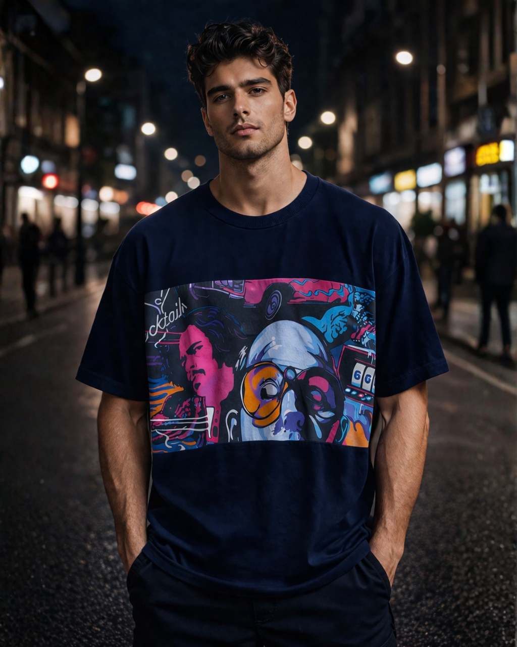 (Dark Blue) Cocktails & Dreams Front Graphic Oversized Tee