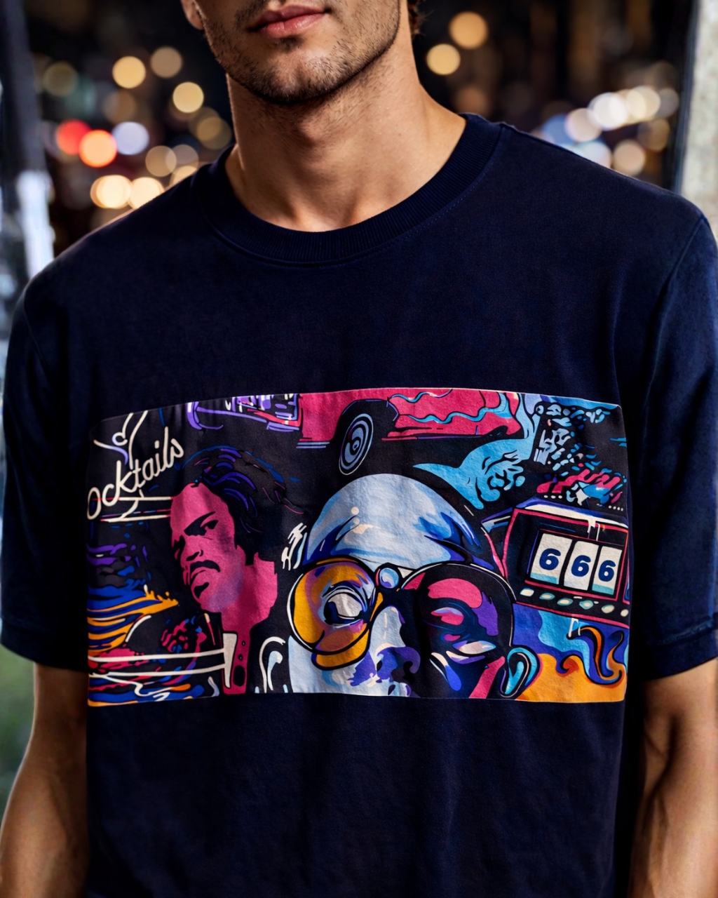 (Dark Blue) Cocktails & Dreams Front Graphic Oversized Tee
