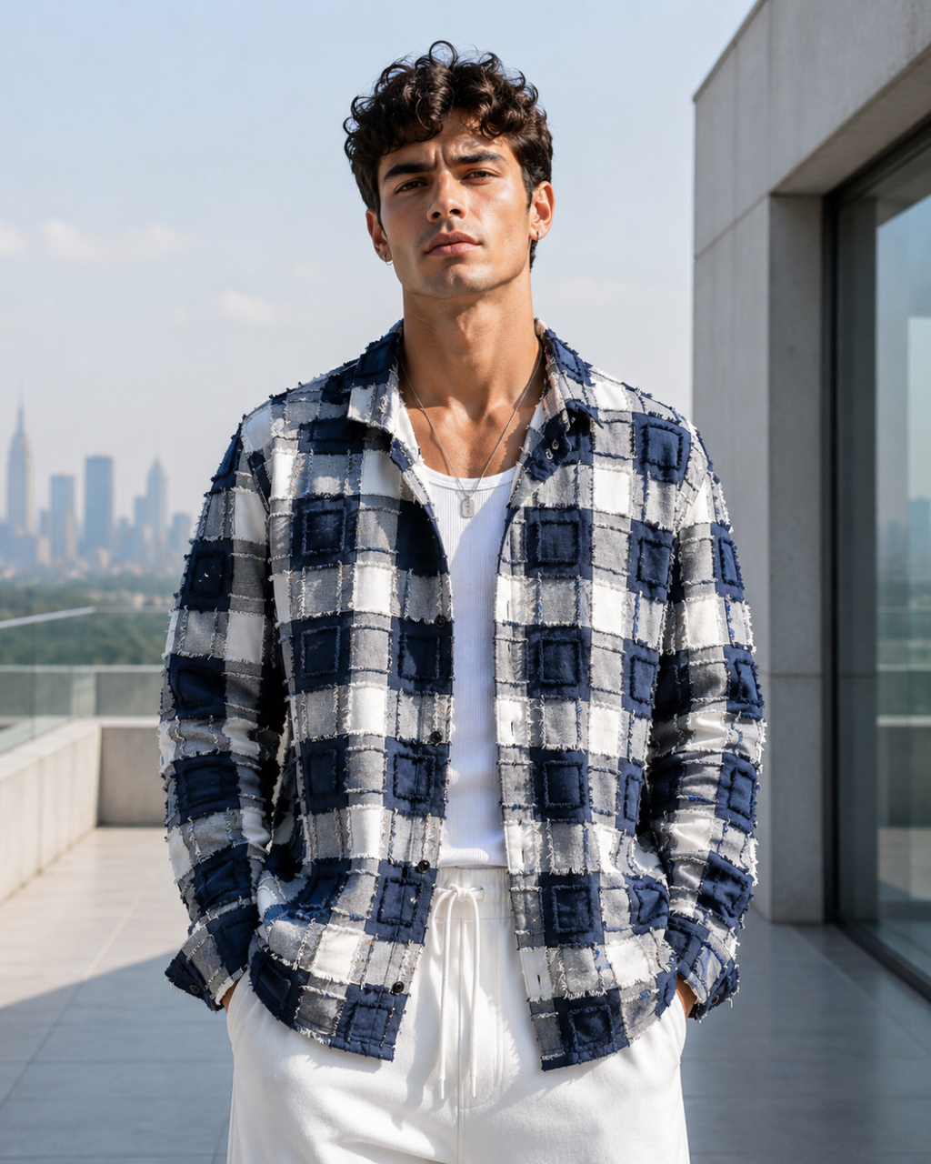 (Dark Blue) Reversible 3D Textured Check Shirt