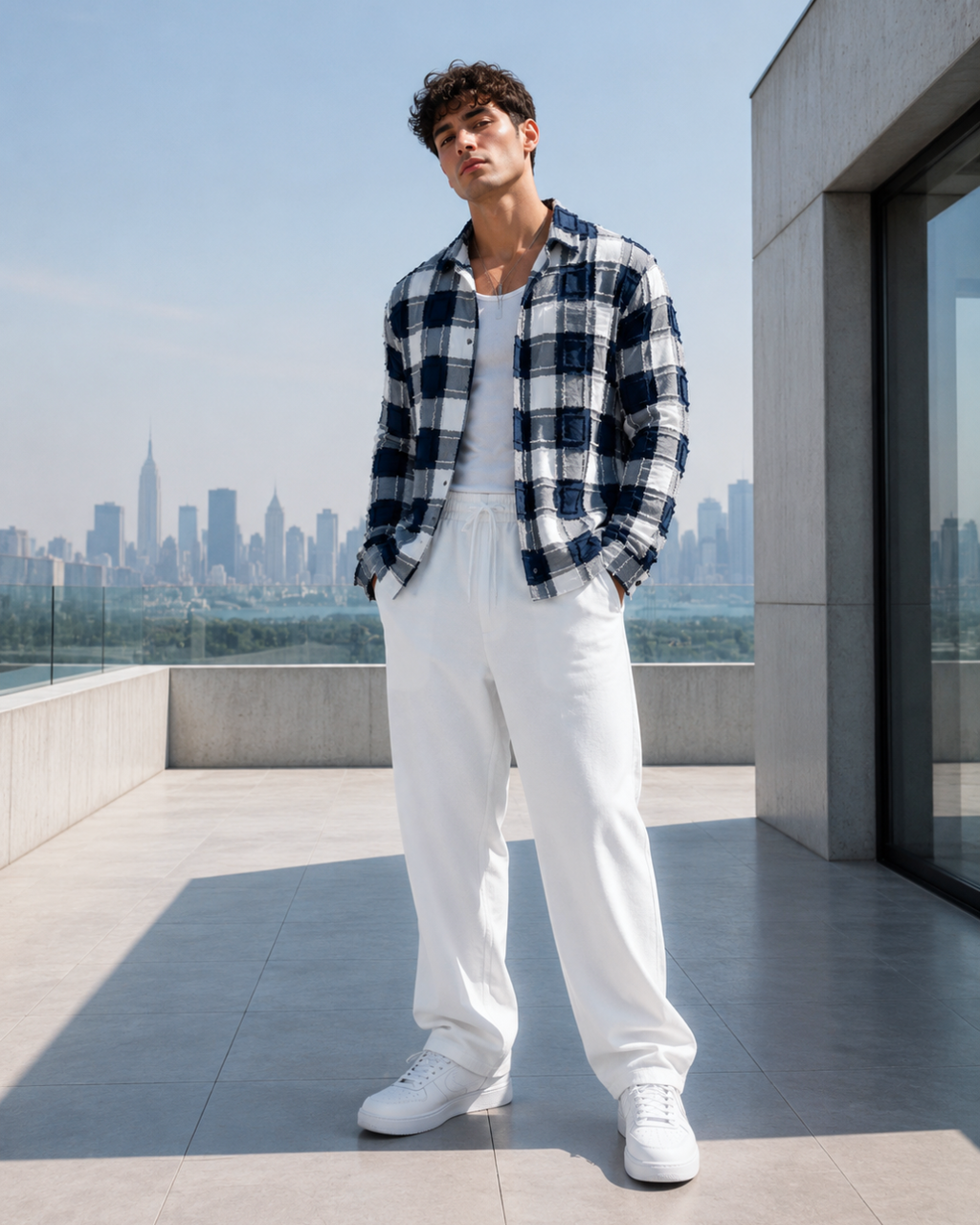 (Dark Blue) Reversible 3D Textured Check Shirt
