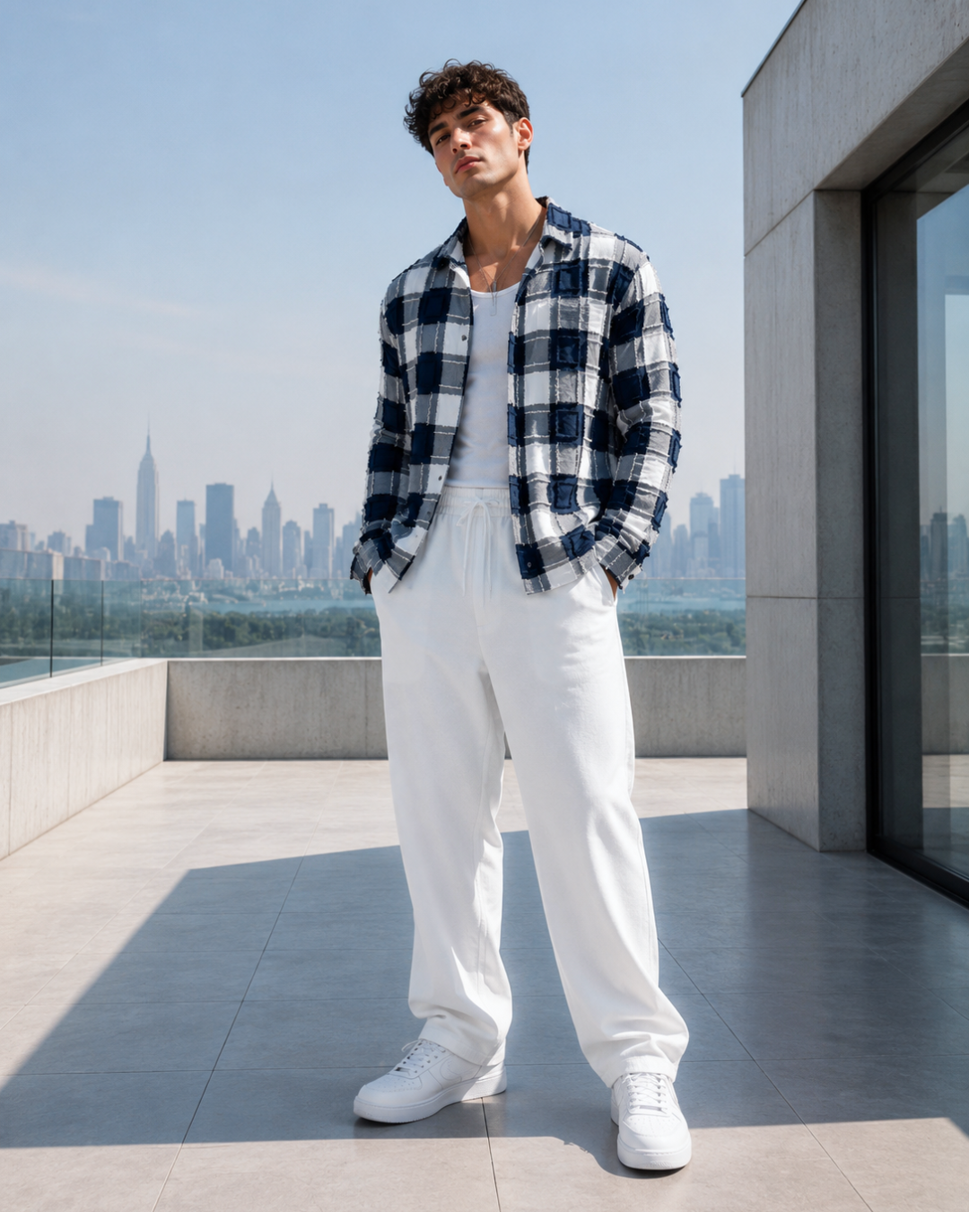 (Dark Blue) Reversible 3D Textured Check Shirt