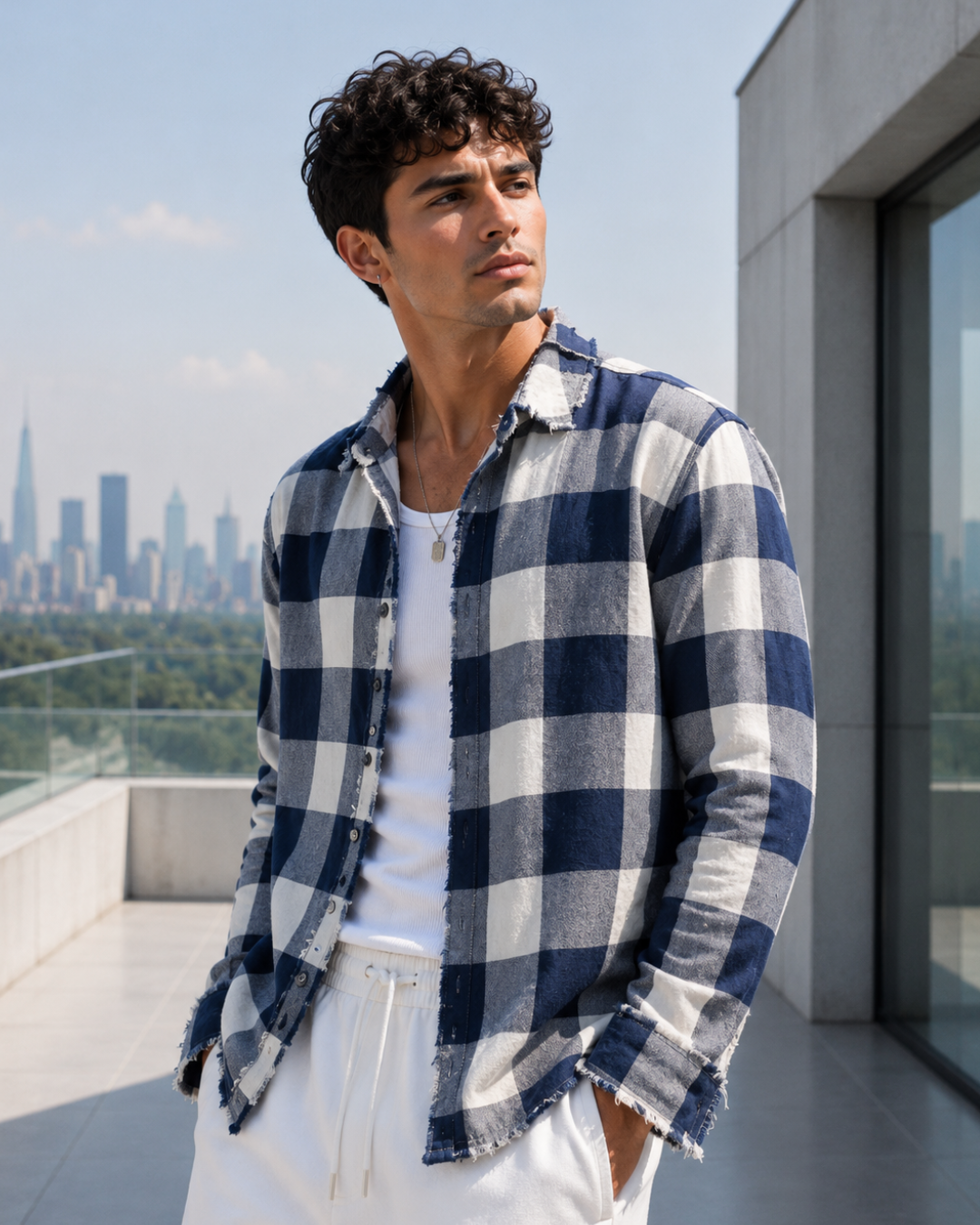 (Dark Blue) Reversible 3D Textured Check Shirt