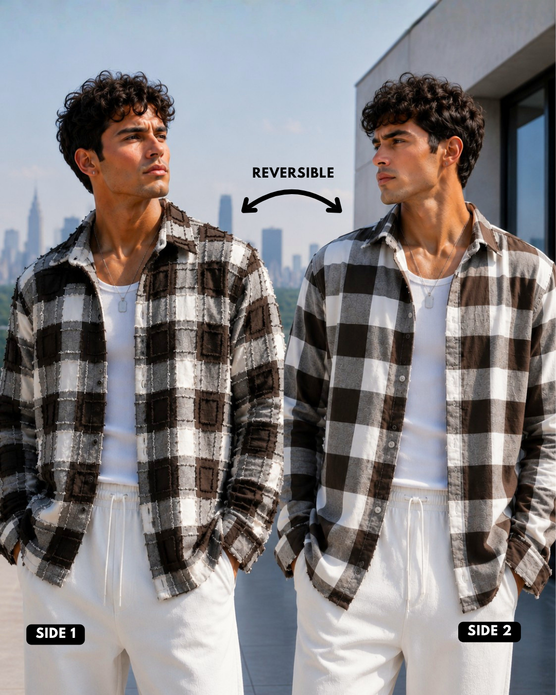 (Dark Brown) Reversible 3D Textured Check Shirt