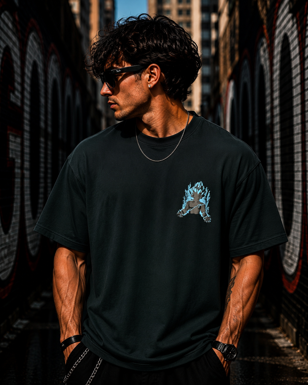 (Dark Green) Anime Graphic 3D Print Oversized Tee