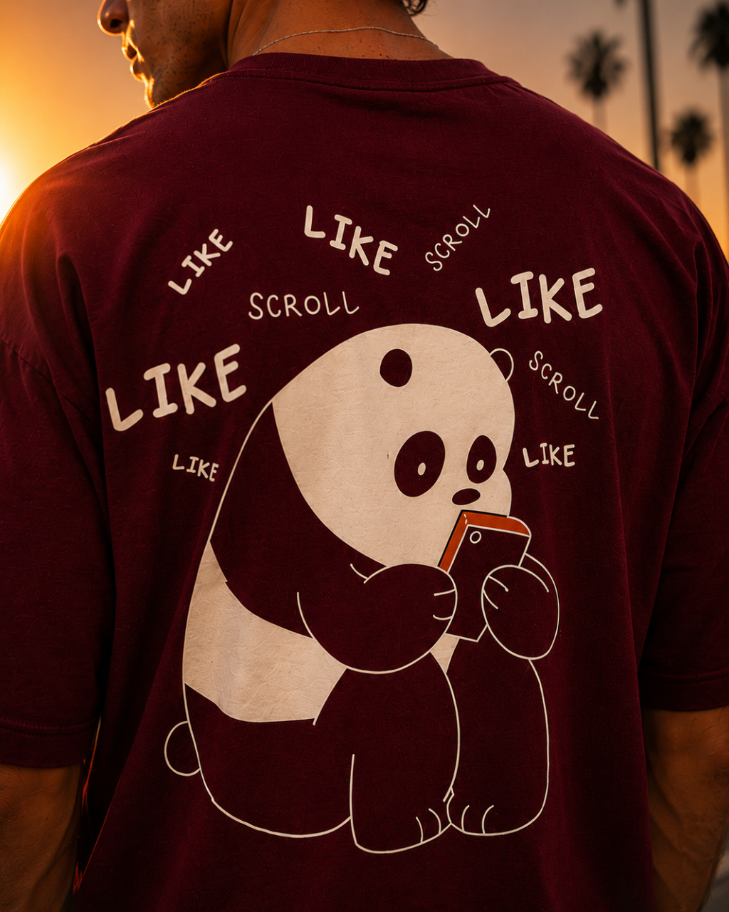 (Dark Red) Doomscroller Panda Avtar Front-Back Graphic Oversized Tee