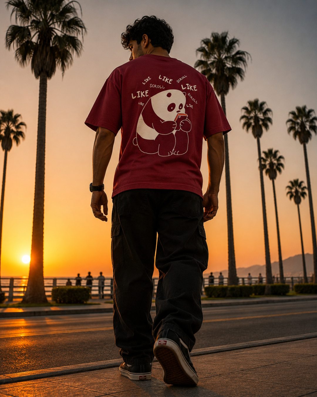 (Dark Red) Doomscroller Panda Avtar Front-Back Graphic Oversized Tee