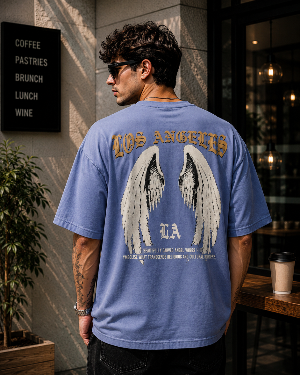 (Glaucous Blue) Freedom Bird Front-Back Graphic Oversized Tee