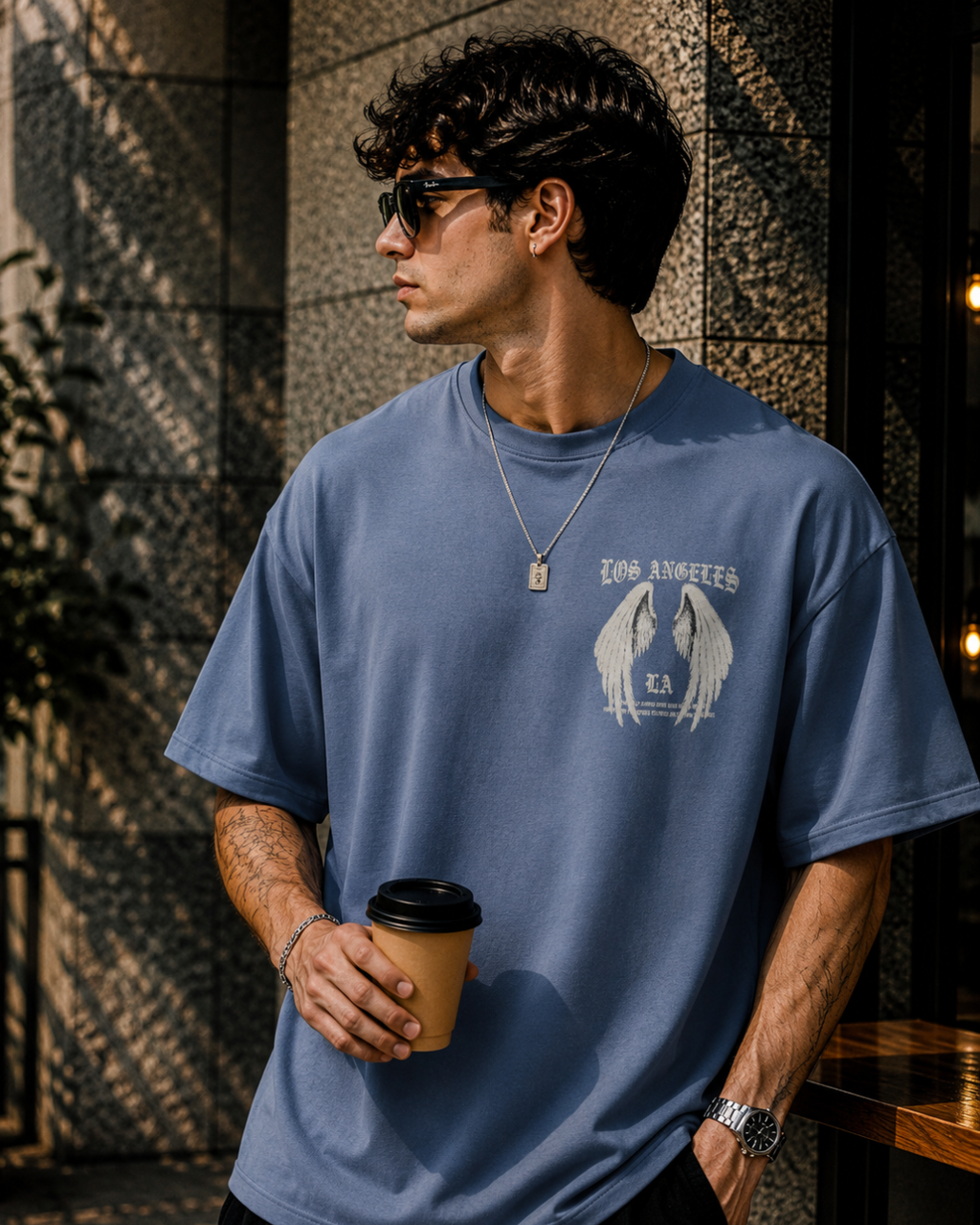 (Glaucous Blue) Freedom Bird Front-Back Graphic Oversized Tee