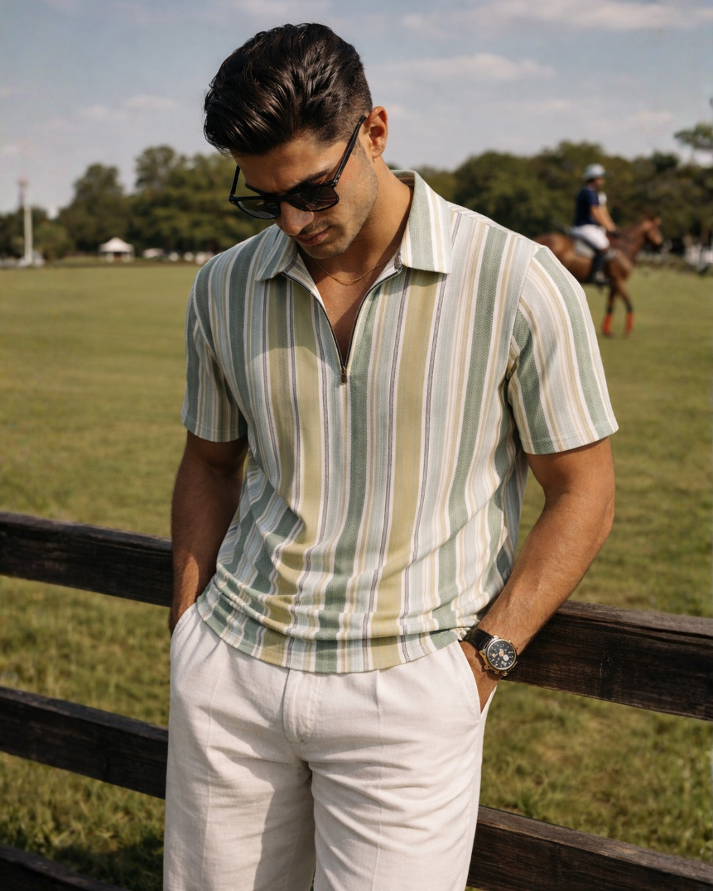 (Green-White) Zipper Tee