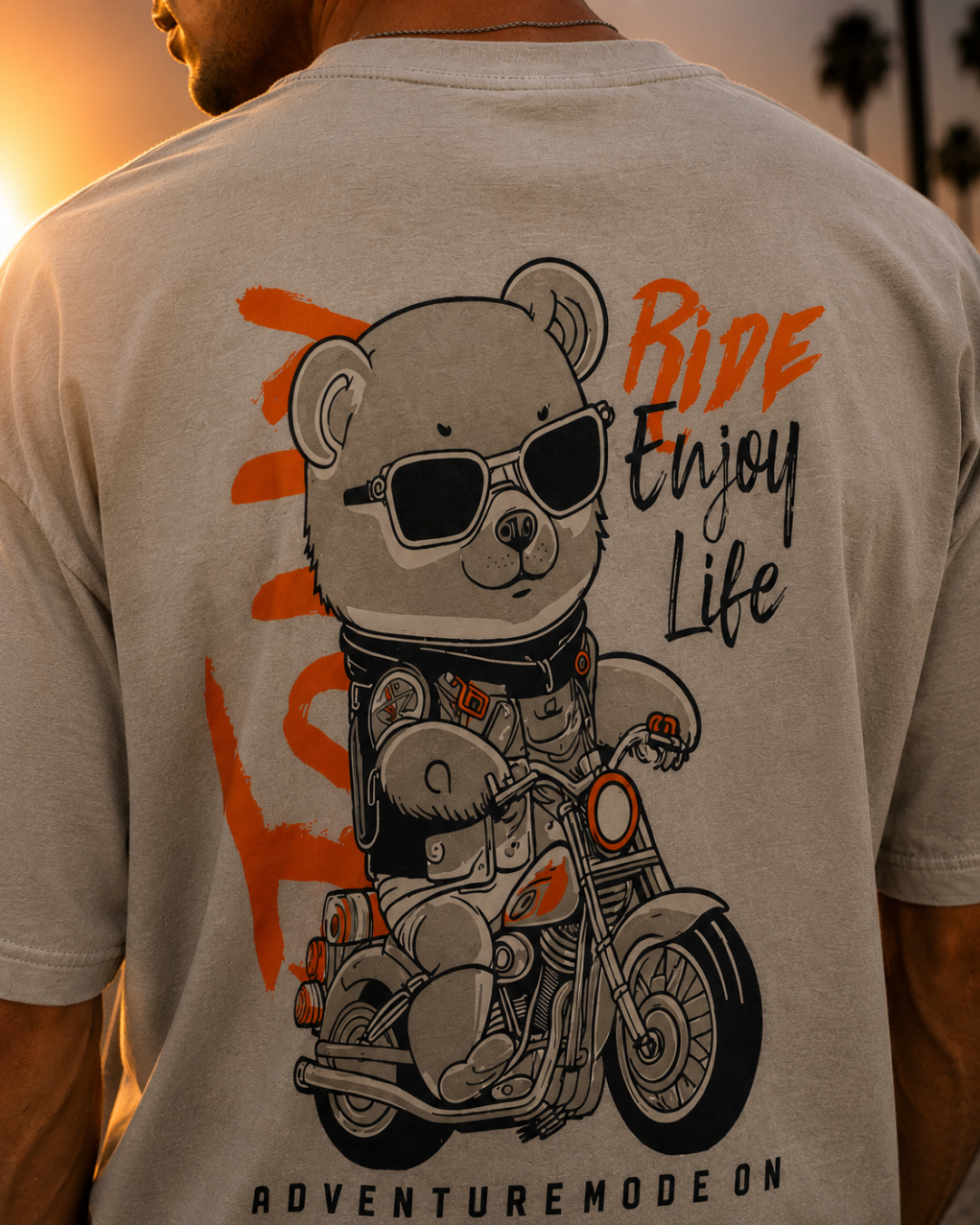 (Grey) Biker Panda Avtar Front-Back Graphic Oversized Tee