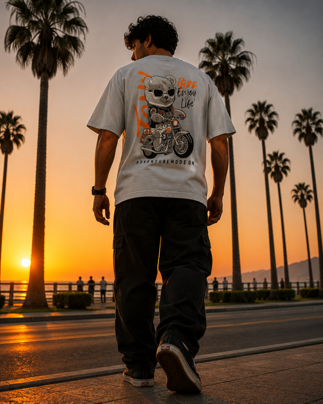 (Grey) Biker Panda Avtar Front-Back Graphic Oversized Tee