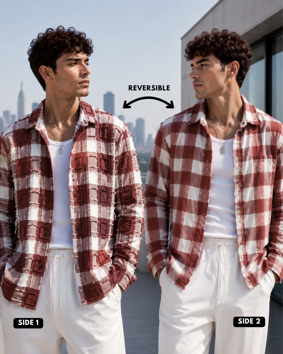 (Indian Red) Reversible 3D Textured Check Shirt