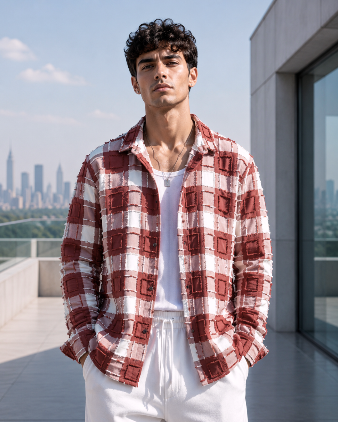 (Indian Red) Reversible 3D Textured Check Shirt