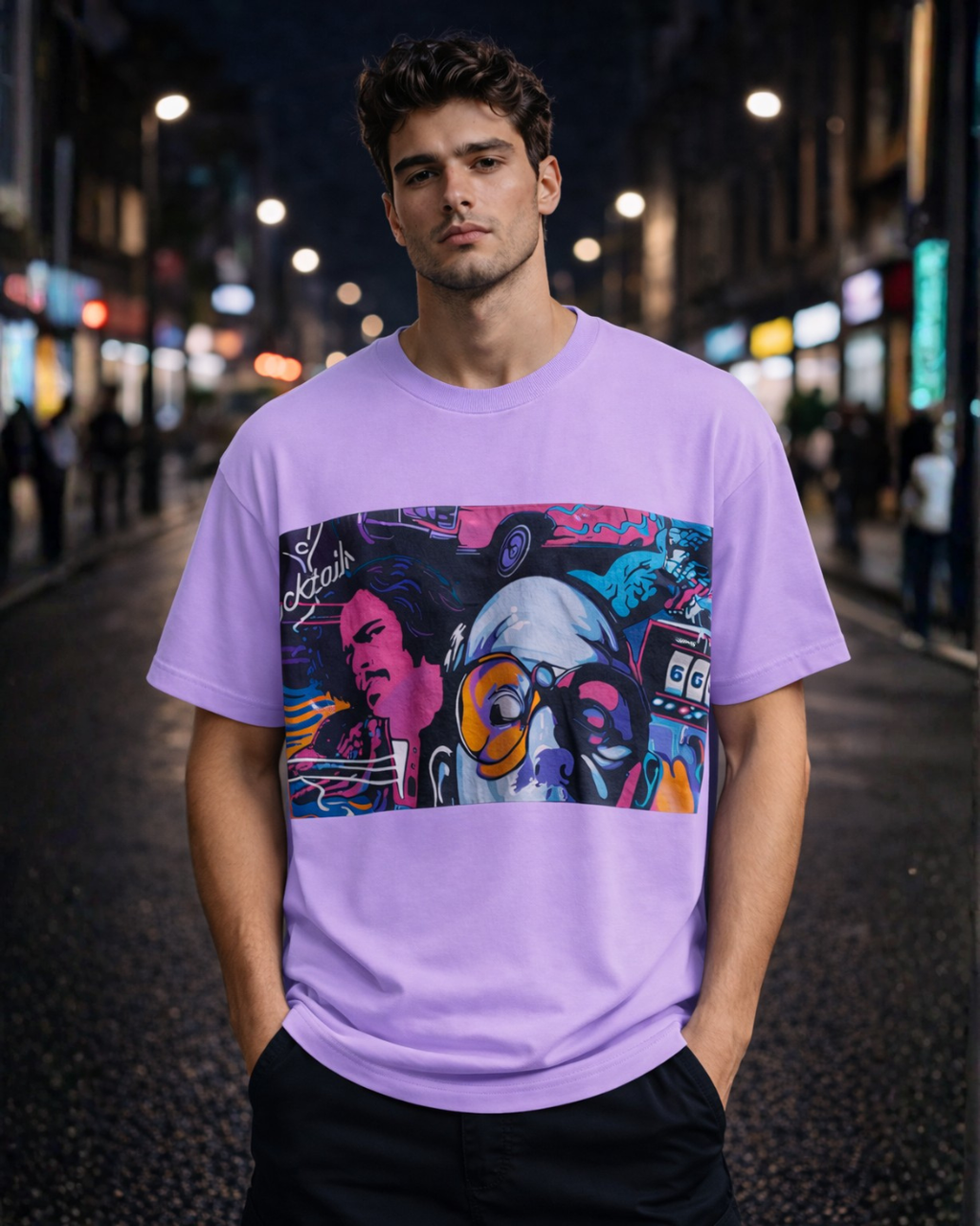 (Lavender) Cocktails & Dreams Front Graphic Oversized Tee