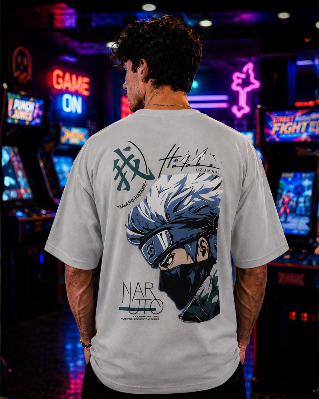 (Light Grey) Anime Front-Back Graphic Oversized Tee