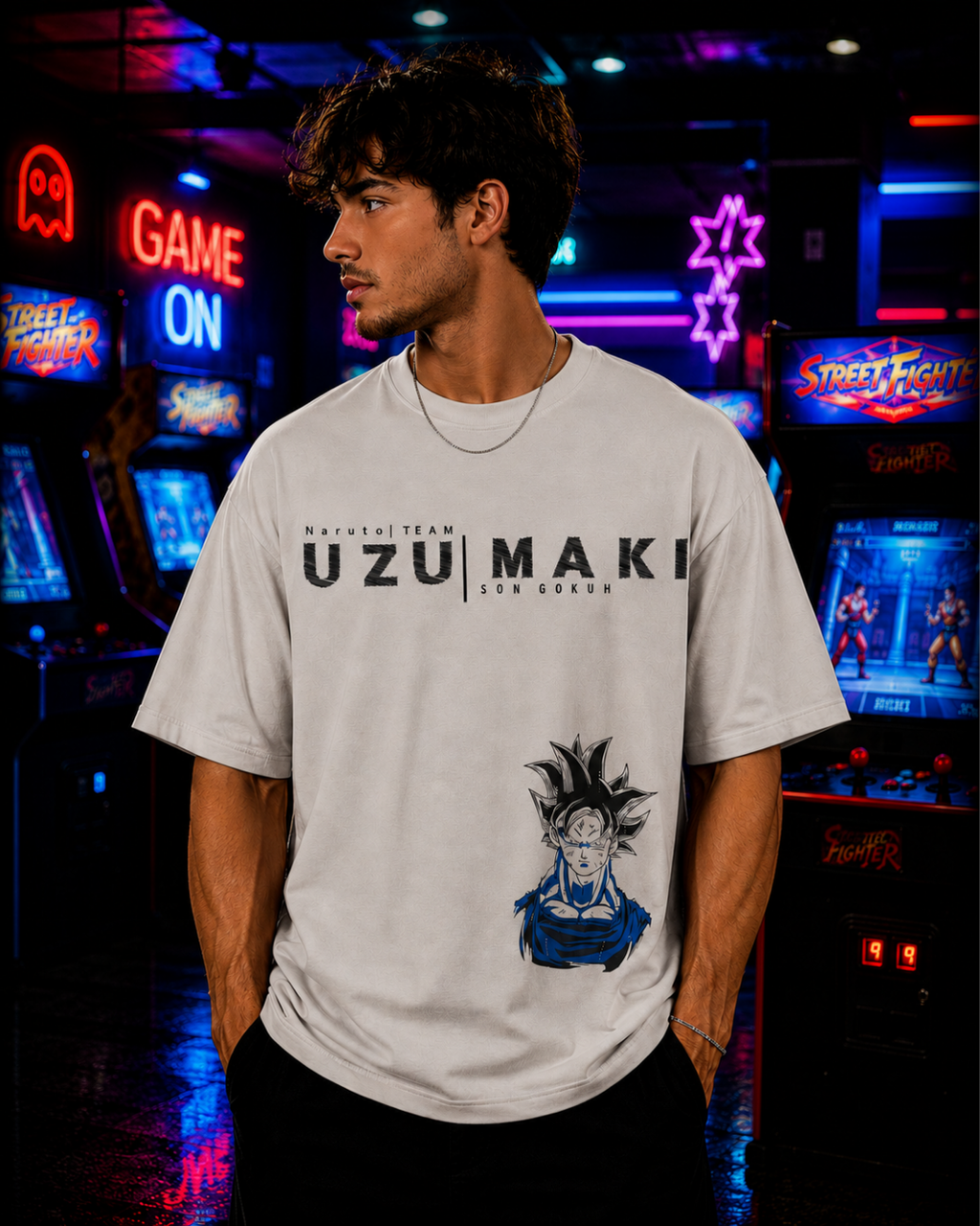 (Light Grey) Anime Front-Back Graphic Oversized Tee