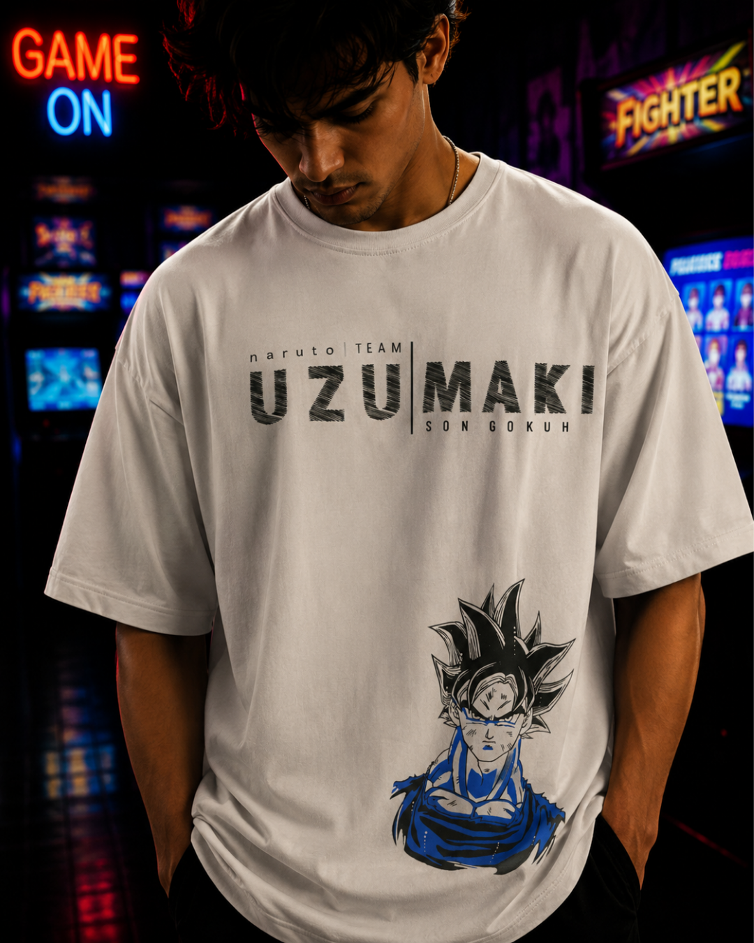 (Light Grey) Anime Front-Back Graphic Oversized Tee