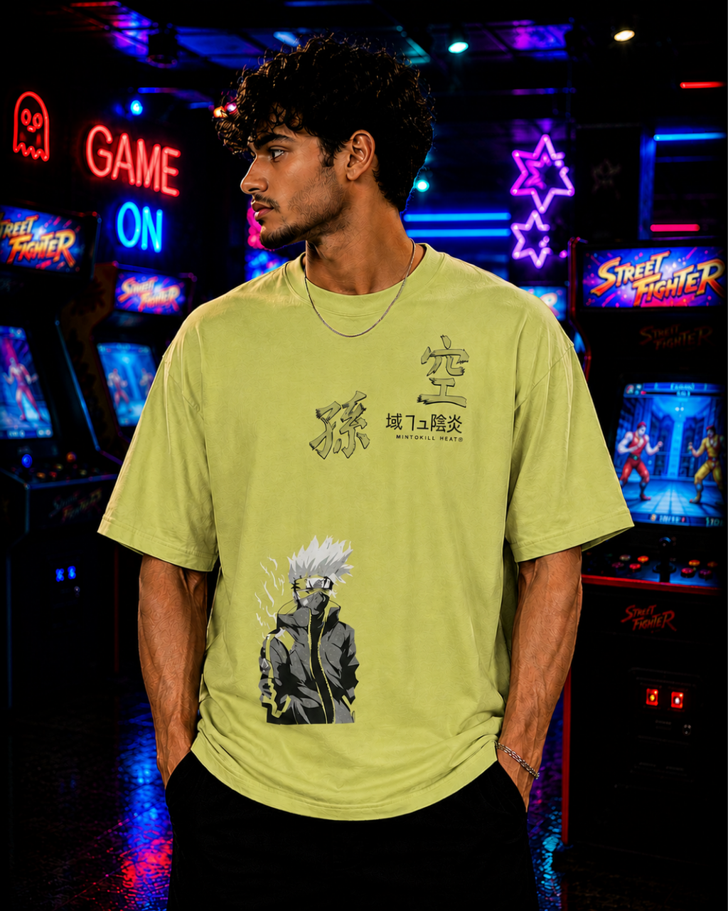 (Light Pear Green) Anime Front-Back Graphic Oversized Tee