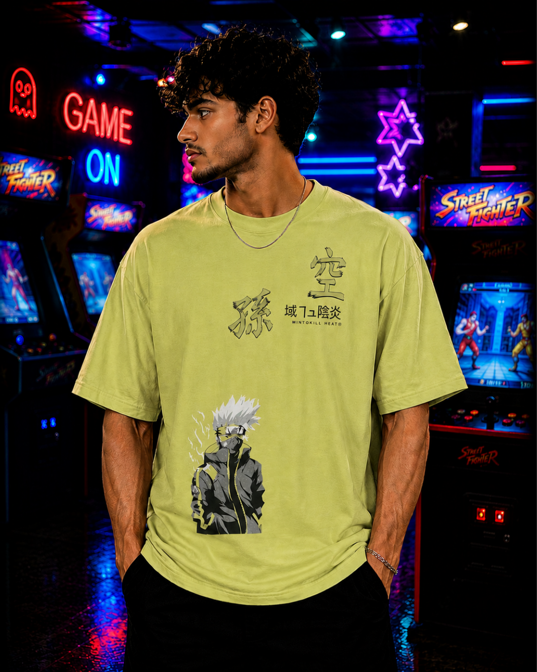 (Light Pear Green) Anime Front-Back Graphic Oversized Tee