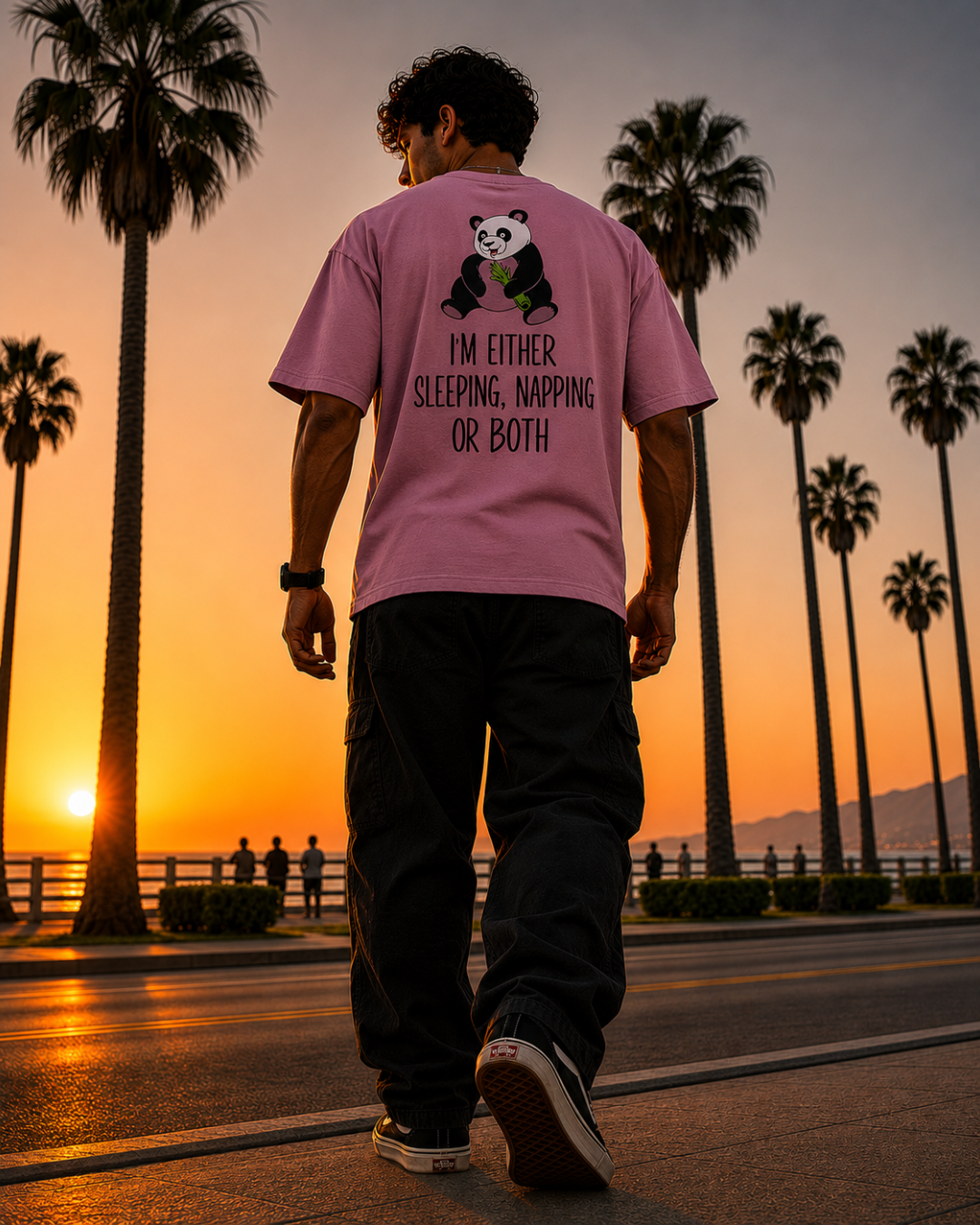 (Lilac) Sleeping Panda Front-Back Graphic Oversized Tee