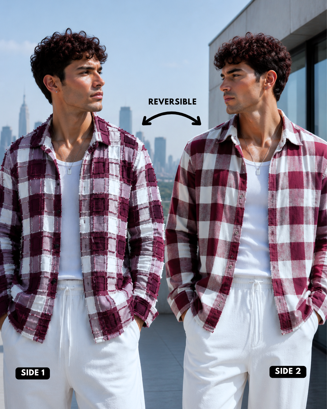 (Maroon) Reversible 3D Textured Check Shirt