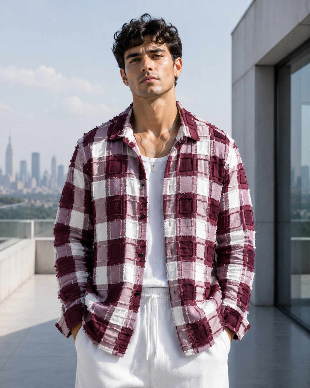 (Maroon) Reversible 3D Textured Check Shirt
