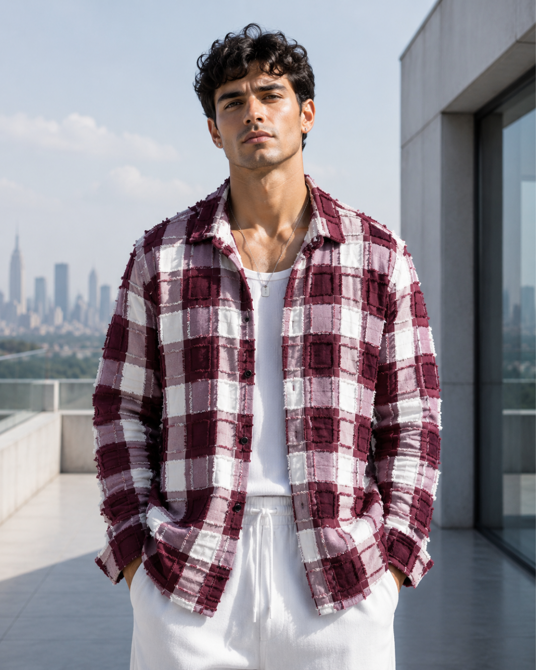(Maroon) Reversible 3D Textured Check Shirt