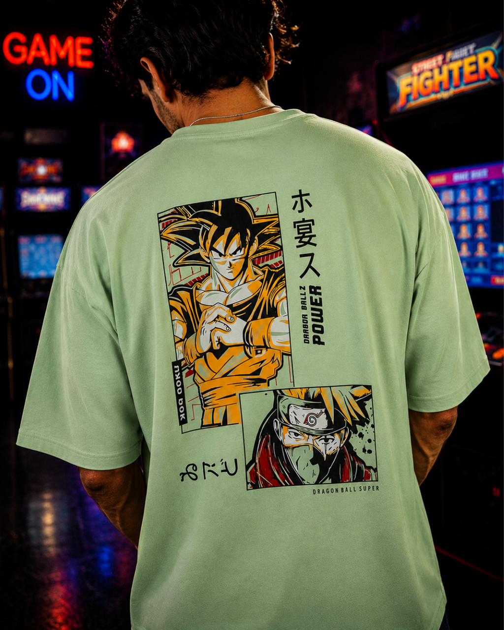 (Mint Green) Anime Front-Back Graphic Oversized Tee