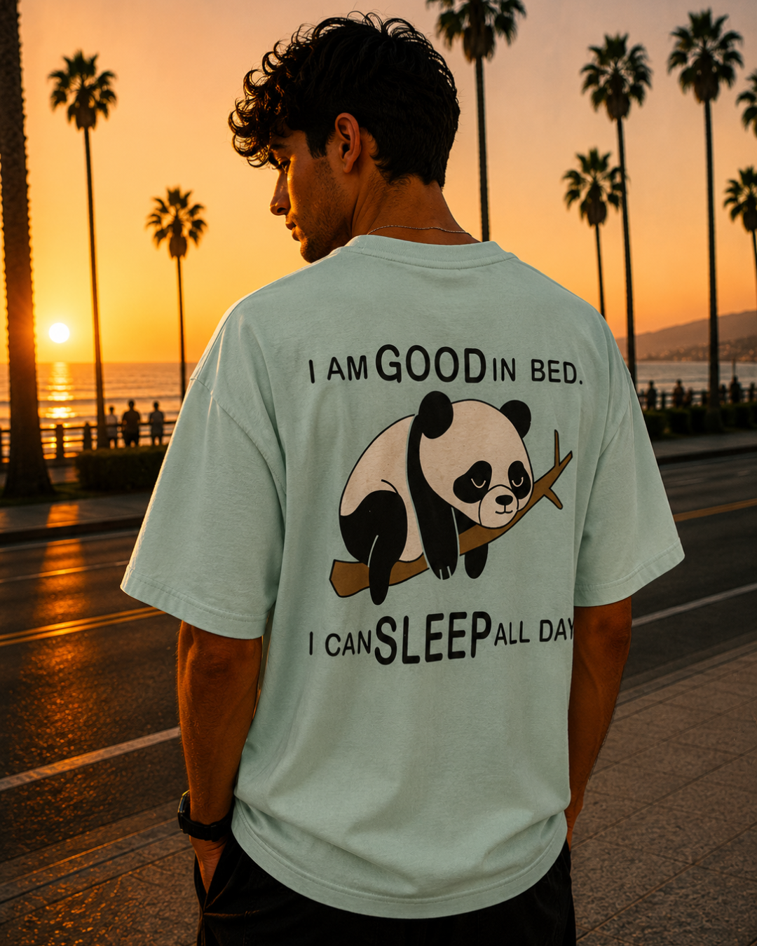 (Mint Green) Sleeping Panda Front-Back Graphic Oversized Tee