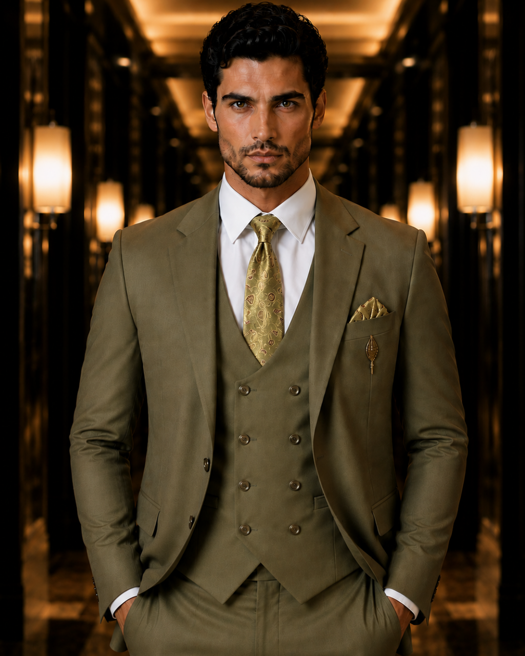 (Olive Green) Solids 3-Piece Suit